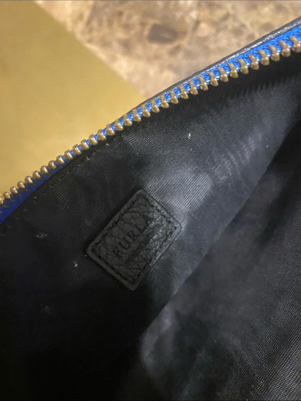 Furla Black Leather Crossbody with Blue Interior and Gold Chain